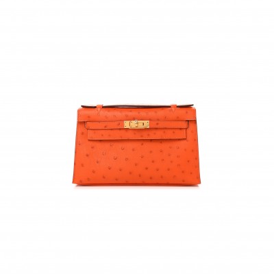 HERMÈS MASTER OSTRICH KELLY POCHETTE TANGERINE (22*14*7cm) 